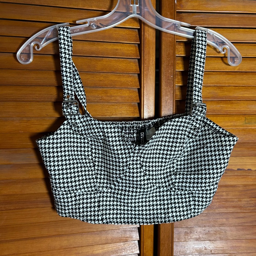 H&M Divided Houndstooth Crop Top Black White Buckle Strap Bustier Camisole Med